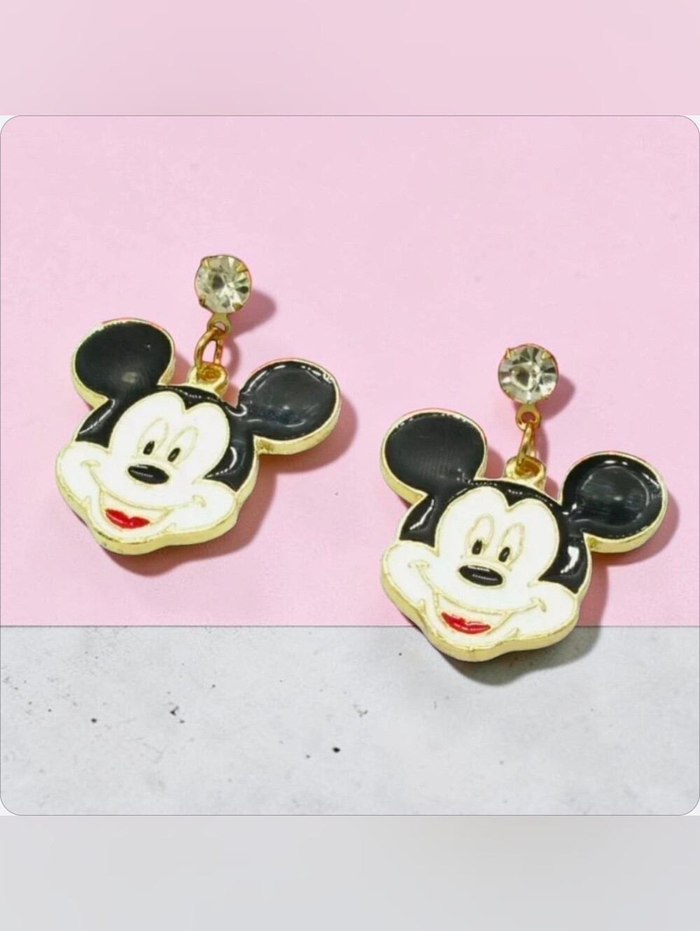 Gold Crystal Inlay Mickey Mouse Earrings With Silver Posts